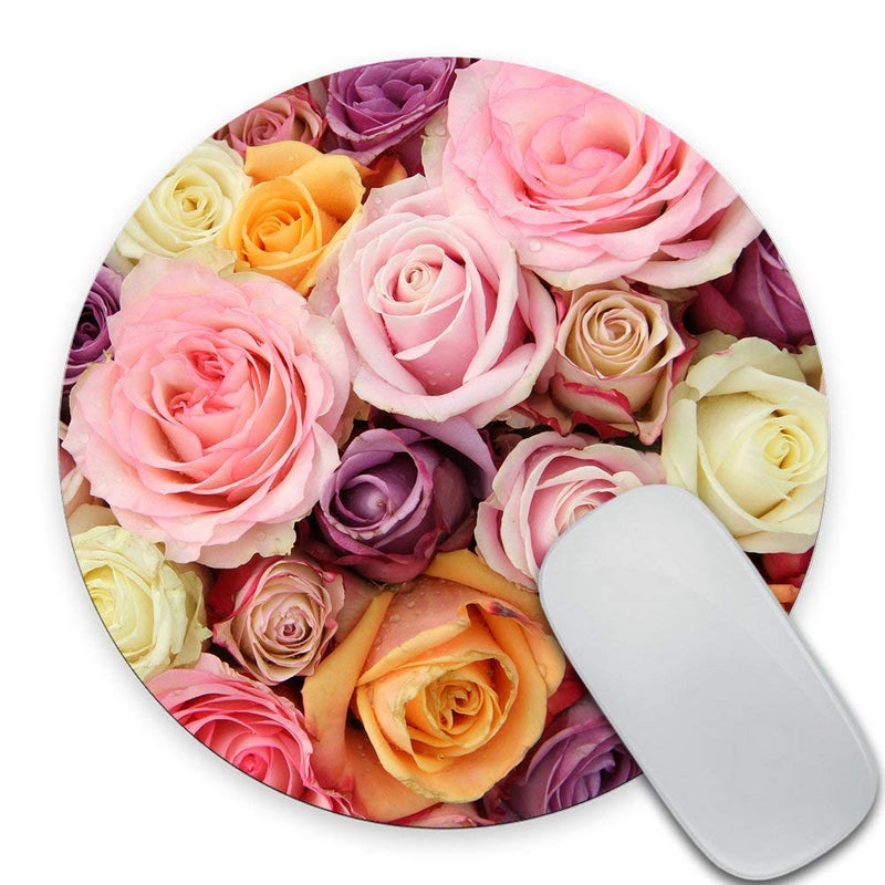 SSOIU Floral Round Mouse Pad Circular Flowers Mouse Pads Pink Purple Yellow - Image 1